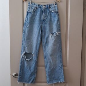 Zara Light Blue Distressed Straight Leg Jeans
